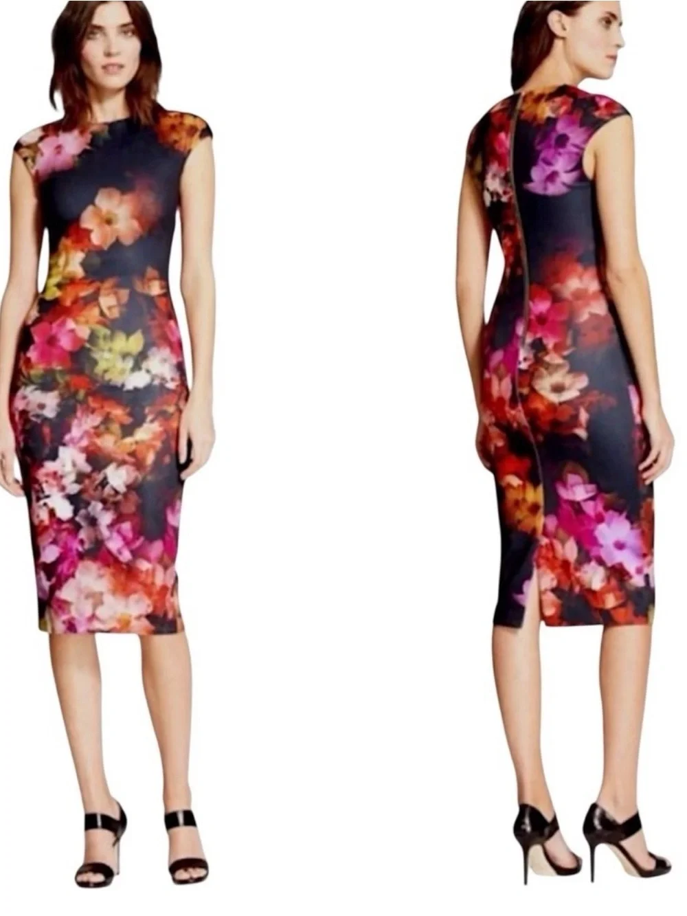 Ted Baker Black Floral Sheath Midi Dress - Picture 2 of 12